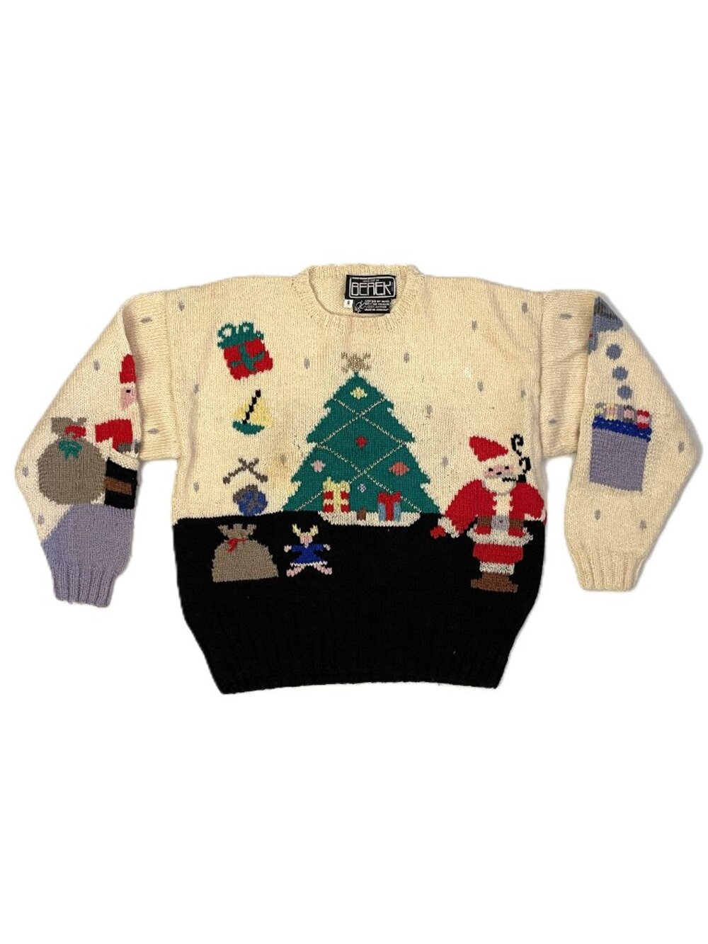 Vintage Berek Christmas Sweater S Hand Knit Cotton Fireplace 3D Stocking *FLAWS
